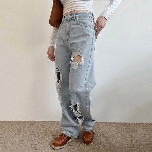 Женские прямые джинсы с потертостями, цвет светло-синий