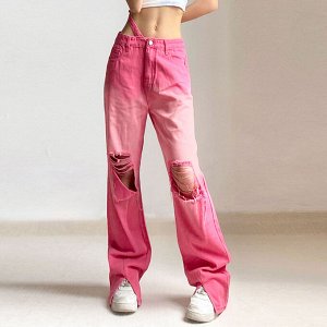 Женские джинсы клеш с разрезами по низу, дырки и потертости на коленях, цвет розовый