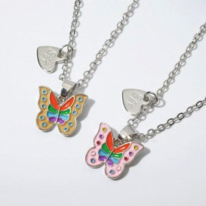 Кулоны "Неразлучники" бабочки радужные, цветные в серебре, 45см   7114001
