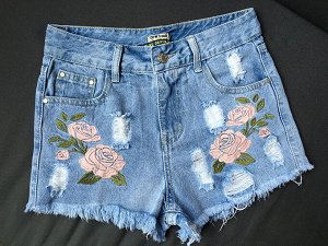Женские джинсовые шорты, принт "Розы", цвет голубой