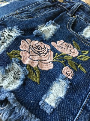 Женские джинсовые шорты, принт "Розы", цвет синий