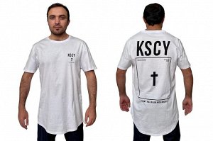 Мужская белая футболка от бренда KSCY – удлиненный оверсайз с закругленным низом №249