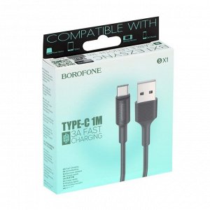 Кабель Borofone BX1, Type-C - USB, 3 А, 1 м, PVC оплётка, чёрный