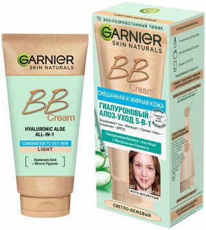 Garnier BB Крем Гиалуроновый Алоэ-уход 5-в-1, для смешанной и жирной кожи, с гиалуроновой кислотой, алоэ вера и минеральными пигментами, матирующий, SPF 25, 50 мл