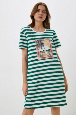 СОРОЧКА Женская сорочка от торговой марки Индефини. Сорочка из хлопка, в бело-зеленую полоску, с принтом-нашивкой, с короткими рукавами, по колено, прямая, свободного кроя.
Состав: 100% хлопок