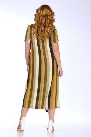 Платье Рост: 164 Состав ткани: Вискоза-100%; Платье женское А-силуэта изготовлено из легкой плательной ткани в полоску. Горловина круглой формы. Рукав втачной, короткий. Перед разрезной с нагрудными в