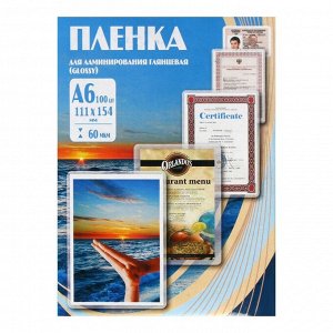 Пленка для ламинирования A6 111х154 мм, 60 мкм, 100 штук, глянцевые, Office Kit