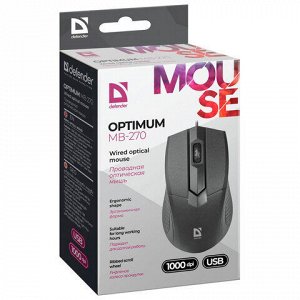 Мышь проводная DEFENDER Optimum MB-270, USB, 2 кнопки + 1 колесо-кнопка, оптическая, черная, 52270