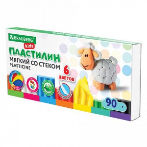 Пластилин мягкий восковой BRAUBERG &quot;KIDS&quot;, 6 цветов, 90 г, со стеком, 106493