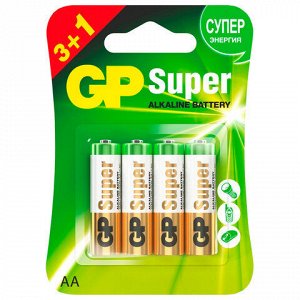 Батарейки КОМПЛЕКТ 4 шт., GP Super G-Tech, AA (LR6,15А), алкалиновые, пальчиковые, ПРОМО 3+1, 15A3/1-2CR4