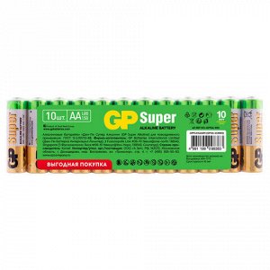 Батарейки КОМПЛЕКТ 10 шт., GP Super G-Tech, AA (LR6,15А), алкалиновые, пальчиковые, в пленке, 15A-2CR, GP 15A-2CRB10