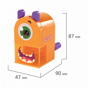Точилка механическая ПИФАГОР &quot;Монстрик&quot;, корпус оранжевый, для чернографитных и цветных карандашей, 228477