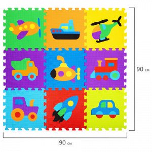 Коврик-пазл напольный 0,9х0,9 м, мягкий, "Машинки", 9 частей 30х30 см, толщина 1 см, ЮНЛАНДИЯ, 664667