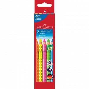 Карандаши цветные Faber-Castell Jumbo Grip Neon 5 цветов. неоновые, трехгранные, утолщенные, заточенные, в картонной коробке с европодвесом