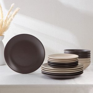 Набор тарелок керамический Доляна «Пастель», 18 предметов: 6 тарелок d=19 см, 6 тарелок d=27 см, 6 мисок d=19 см, цвет коричневый