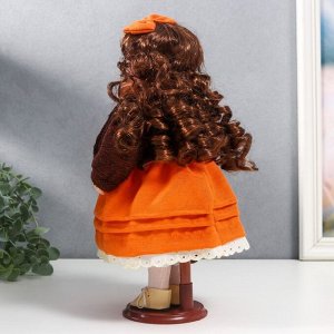 Кукла коллекционная керамика "Василиса в ярко-оранжевом платье, с рюшами, с сумочкой" 30 см