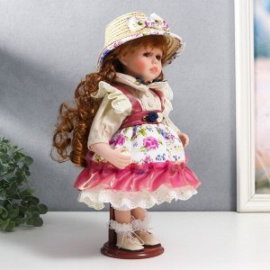 Кукла коллекционная керамика "Женечка в платье с цветами, в соломенной шляпке" 30 см
