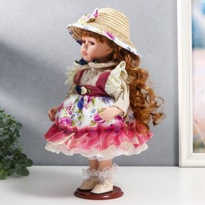 1 TOY Кукла коллекционная керамика &quot;Женечка в платье с цветами, в соломенной шляпке&quot; 30 см