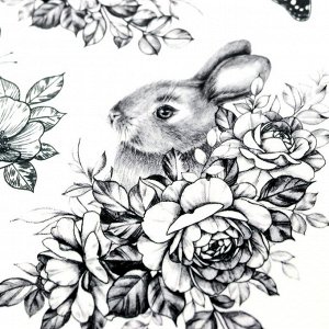 Татуировка на тело "Кролики и цветы ч/б" 10х15 см