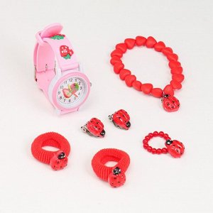Подарочный набор 6 в 1: наручные часы, браслет, кольцо, 2 резинки, клипсы