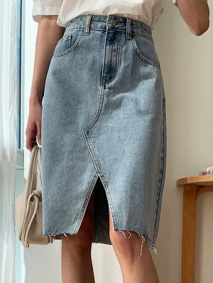 Джинсовая юбка с разрезом с необработанной отделкой