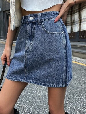 Прямая джинсовая юбка с карманами
