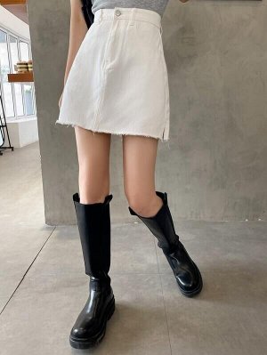 Джинсовая юбка с высокой талией с разрезом с необработанной отделкой