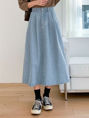 Джинсовая юбка с высокой талией и карманами без пояса