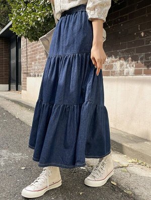 Джинсовая юбка с оборками с эластичной талией