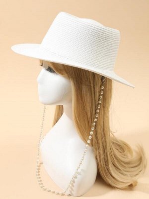 Соломенная шляпа с искусственным жемчугом с цепочкой