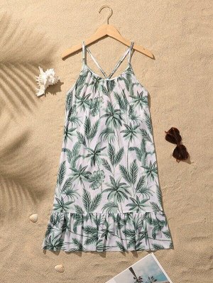 Платье для пляжа случайный с тропическим принтом с оборками с перекрёстной спиной