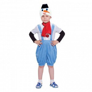 Карнавальный костюм "Снеговик с чёрным ведром", комбинезон, шапка, шарф, р-р 28, рост 98-104 см