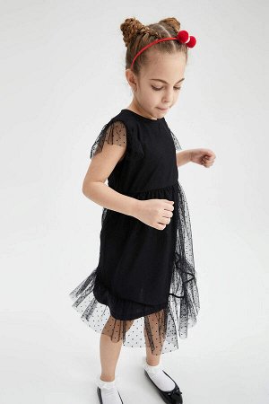 DEFACTO Платье из тюля с круглым вырезом и короткими рукавами для девочек