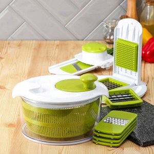 Овощерезка универсальная Доляна Fresh cook, 7 насадок, центрифуга для зелени, белая, зелёная