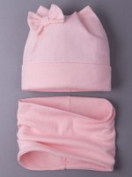 Шапка детская с отворотом, ушки, кашкорсе, бантик + снуд, персиковый
