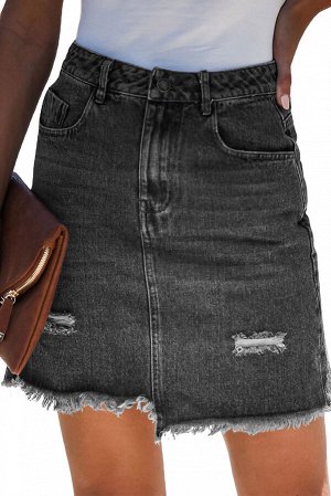 Темно-серая короткая джинсовая юбка с необработанным краем и карманами