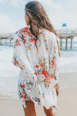 Белая пляжная накидка-кимоно с разноцветным цветочным принтом