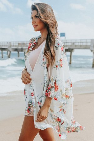 Белая пляжная накидка-кимоно с разноцветным цветочным принтом