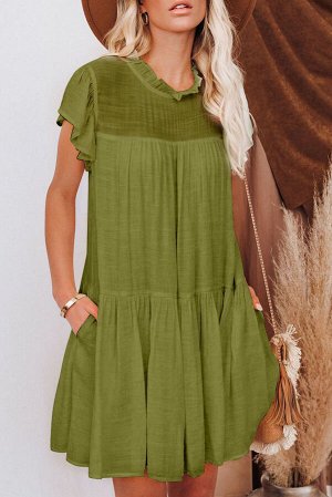 Зеленое плиссированное платье с воротником-стойка с рюшами и карманами