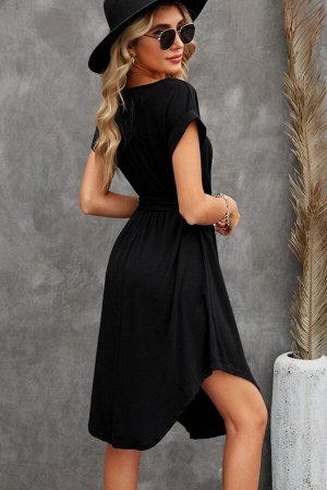 VitoRicci Черное платье-футболка с круглым вырезом на пуговицах и поясом на талии