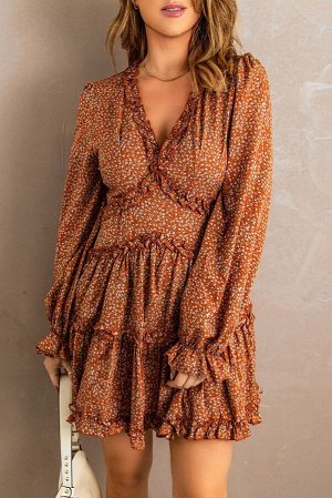 Оранжевое многоярусное мини-платье с V-образным вырезом и оборками с цветочным принтом
