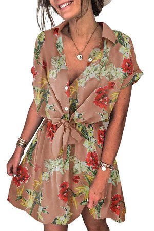 Бежевое платье-блузон с завязкой на талии и разноцветным цветочным принтом