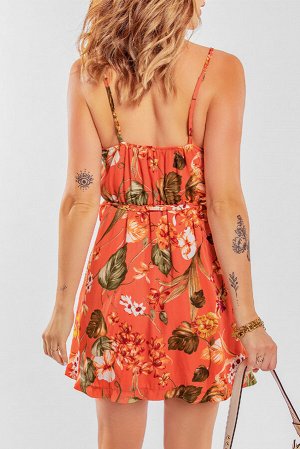 Оранжевое платье а силуэта с завязкой на талии и цветочным принтом