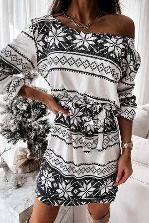 Белое платье-свитшот с завязкой на талии и черным скандинавским принтом