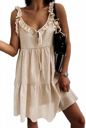 Бежевое платье беби-долл с V-образным вырезом с рюшами