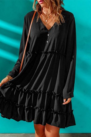Черное платье беби-долл с V-образным вырезом с декоративными пуговицами и рюшами