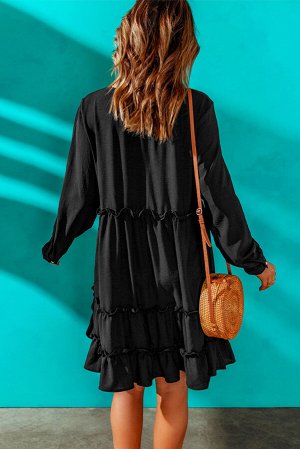 Черное платье беби-долл с V-образным вырезом с декоративными пуговицами и рюшами