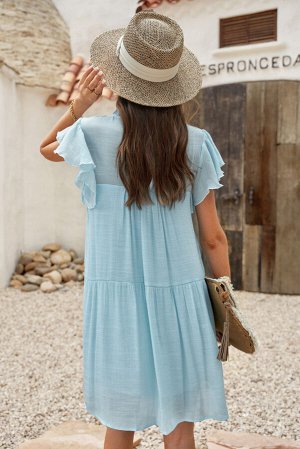 Голубое свободное мини-платье с рюшами на воротнике