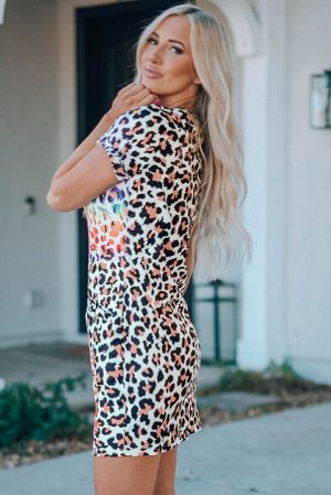 Леопардовое платье-футболка с разноцветным красочным принтом