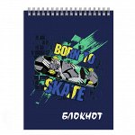 Блокнот А7, 40 л, гребень по короткой стороне. Обложка: мелованный картон 190 г/м2, сплошной глянцевый УФ-лак. Внутренниый блок: белый офсет, 60 г/м2, печать в одну краску.